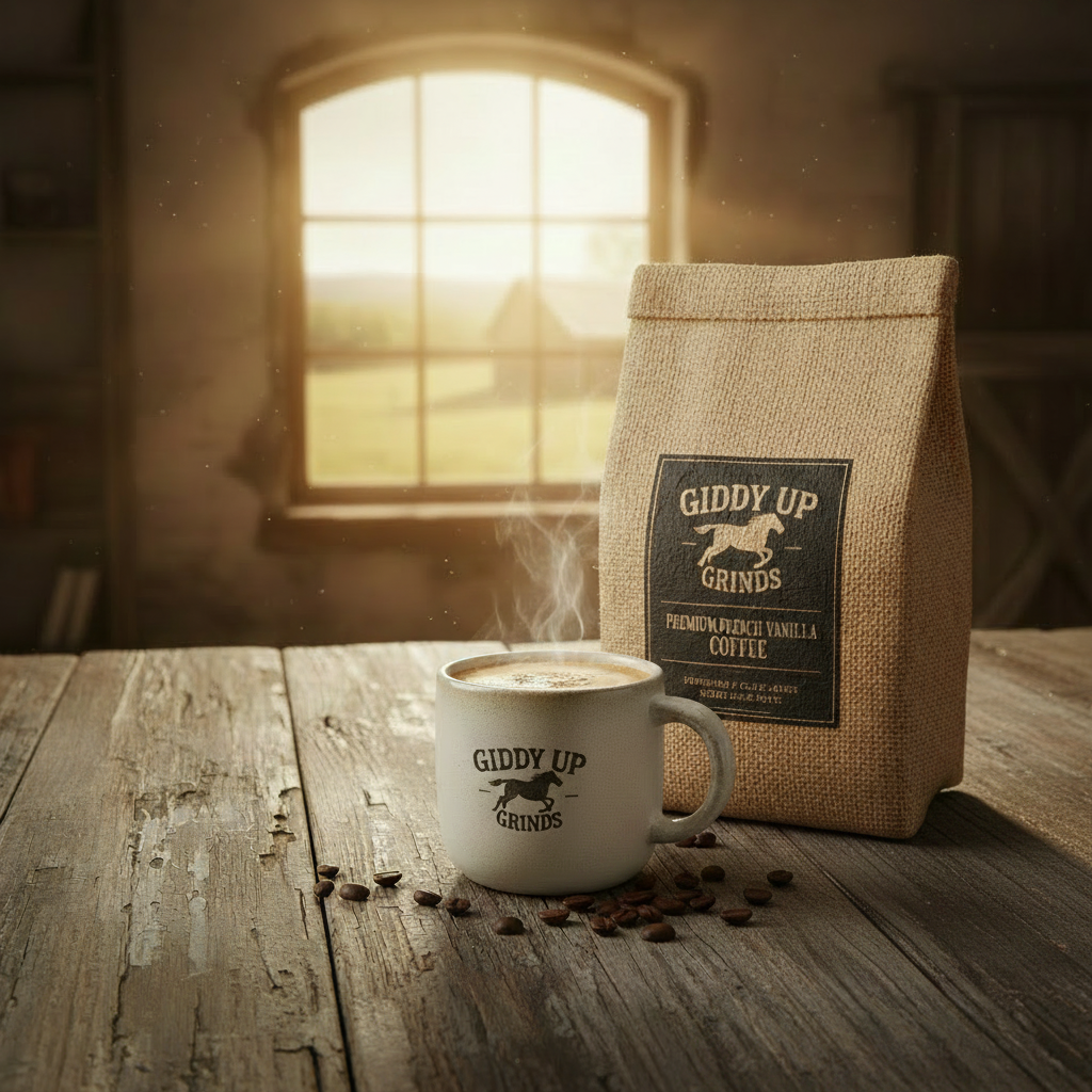 French Vanilla coffee bag with steaming mug in rustic western barn setting